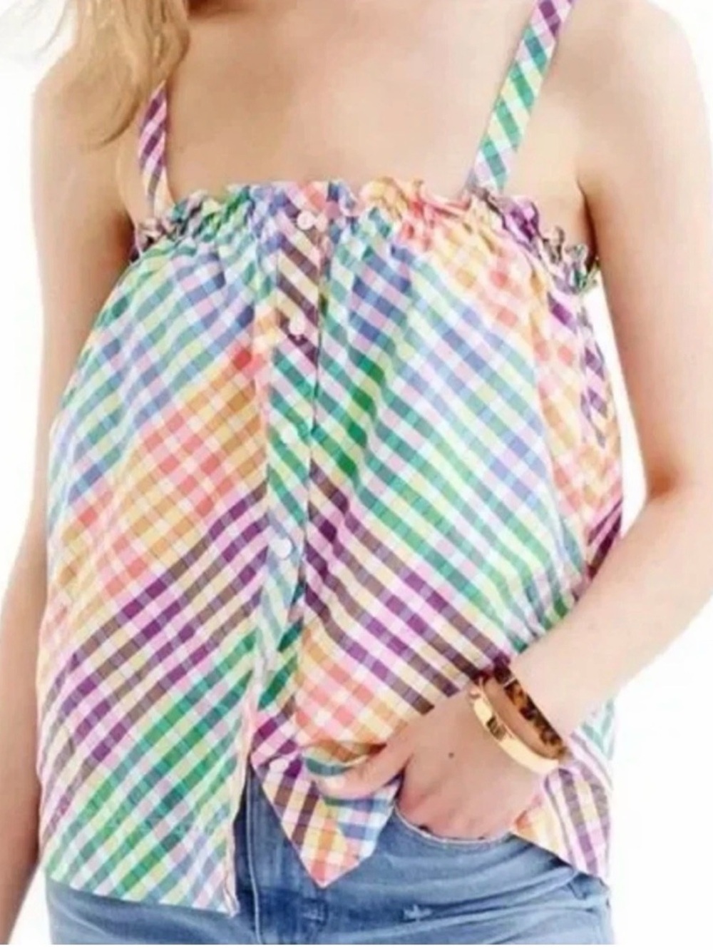 J. Crew Ruffle Tank Top Squareneck Button-Front Cotton Rainbow Top Size 4